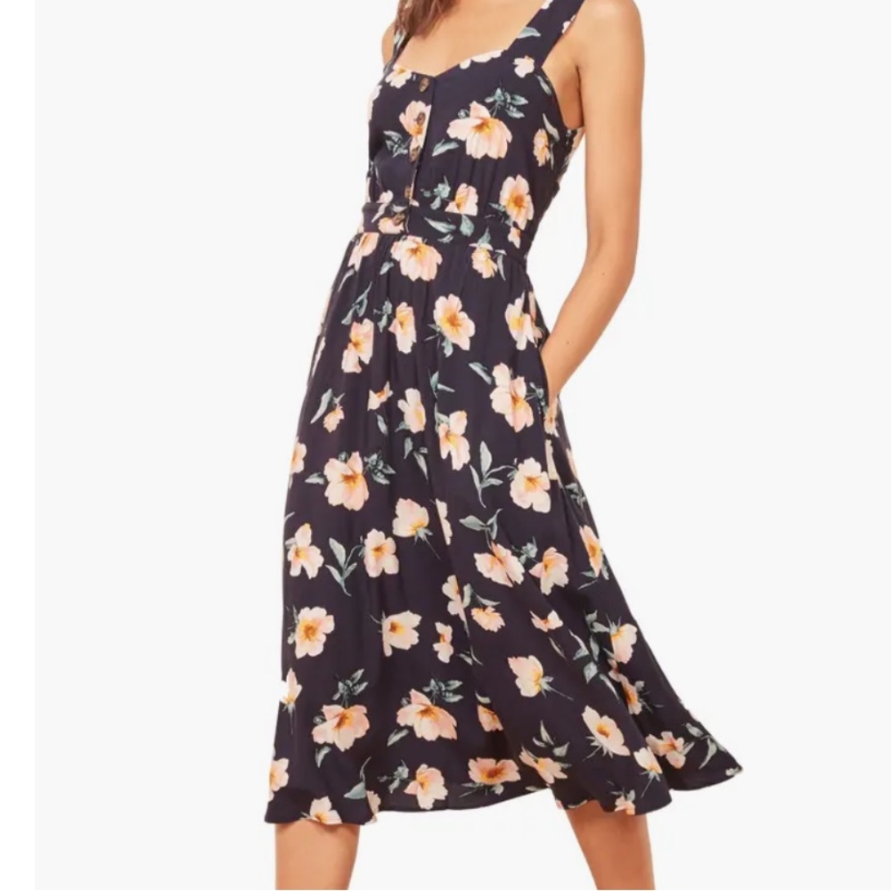 Reformation Lanai Floral Sleeveless Dress In Navy - Picture 3 of 14